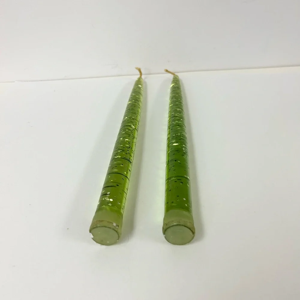 PAIR MID CENTURY MODERN LUCITE CANDLES Avocado Green Gold Wick Flecks 12” 1950’s - Picture 4 of 4